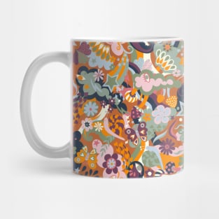 1970s disco psychedelia - pink, khaki, orange and plum - 1970s inspired floral by Cecca Designs Mug